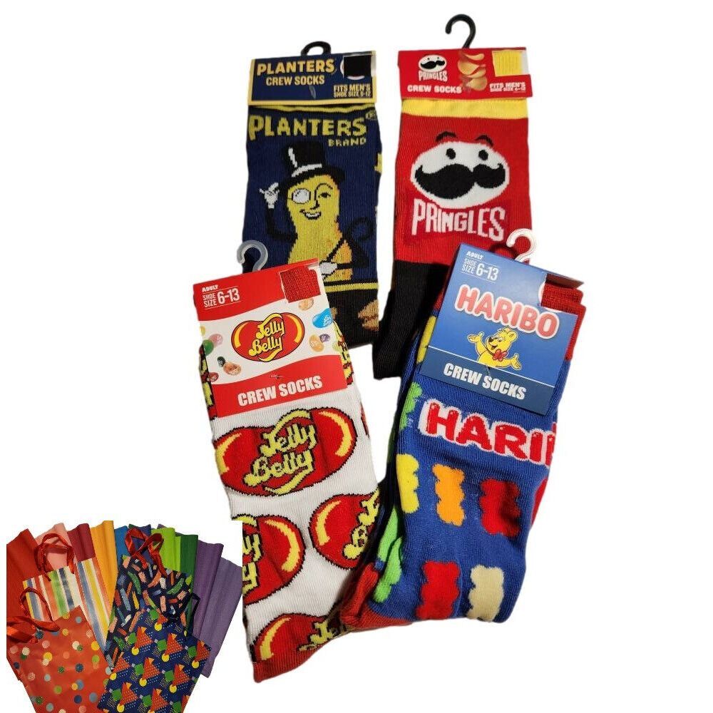 Retro Snack Pringles Planters Jelly Belly Gummi 4 pr Crew Socks Men Sz 6-12 NWT#
